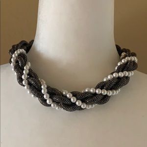 Braided Silver and Pearl Choker Necklace
